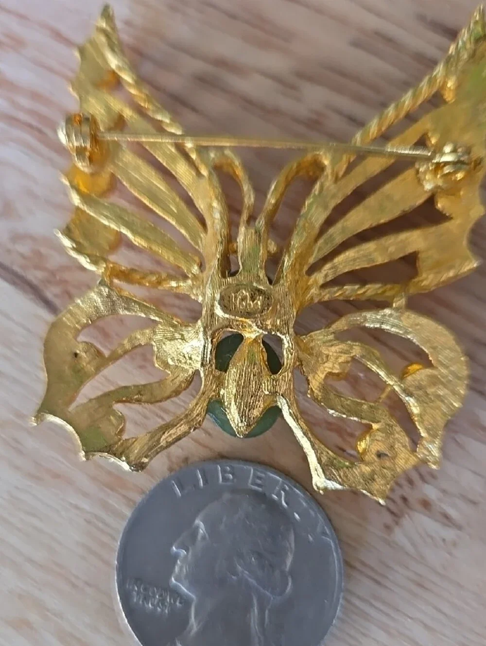 Gold-Tone Butterfly Brooch with Green Jade Accents